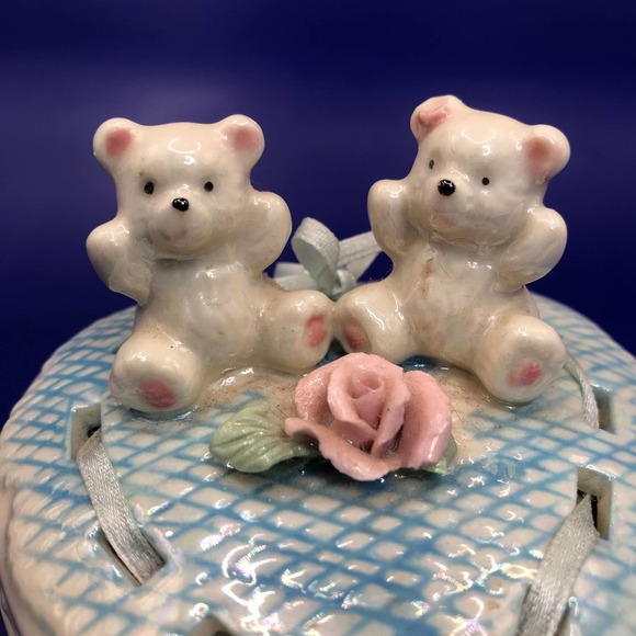 Porcelain Heart Trinket Box  2 Bears + Rose atop a blue quilt with ribbon trim. - Picture 1 of 13